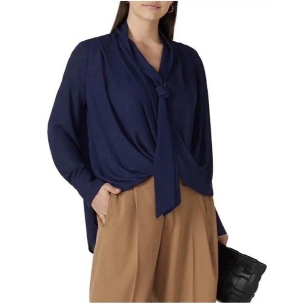 Derek Lam Collective Chiffon Blouse Sz 38 Navy Blue Long Sleeve Tie Neck
